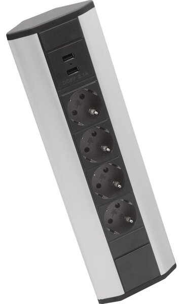 Rohový zásuvkový sloupek 4x230V + 2xUSB-A černá/stříbrná