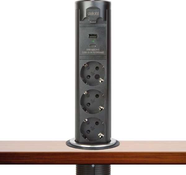 Zásuvkový sloupek pro desku stolu 3x230V + USB-A + USB-C černá