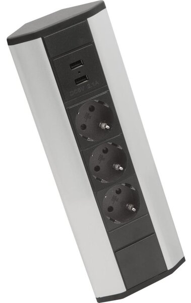 Rohový zásuvkový sloupek 3x230V + 2xUSB-A černá/stříbrná