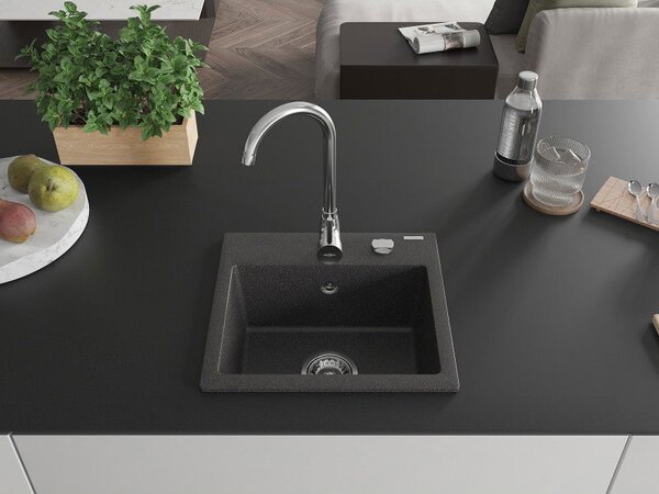 Mexen Milo žulový dřez 1-komorový 435 x 410 mm, černý s tečkami, chromový sifon - 6505441000-76