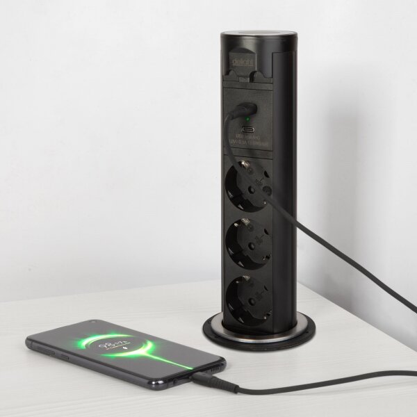 Zásuvkový sloupek pro desku stolu 3x230V + USB-A + USB-C černá