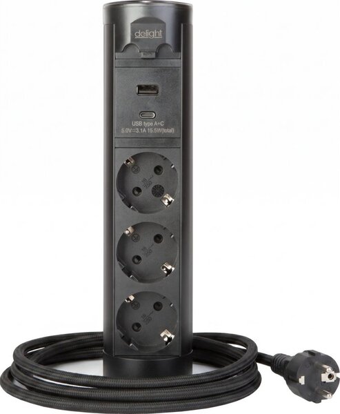 Zásuvkový sloupek pro desku stolu 3x230V + USB-A + USB-C černá