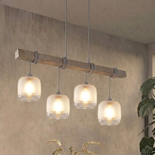 Brilagi - Lustr na lanku WOOD GLASS 4xE27/60W/230V borovice/šedá/bílá