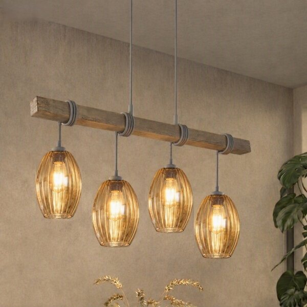 Brilagi - Lustr na lanku WOOD GLASS 4xE27/60W/230V borovice/šedá/kouř hnědá
