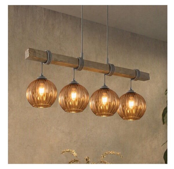 Brilagi - Lustr na lanku WOOD GLASS 4xE27/60W/230V borovice/šedá/kouř hnědá