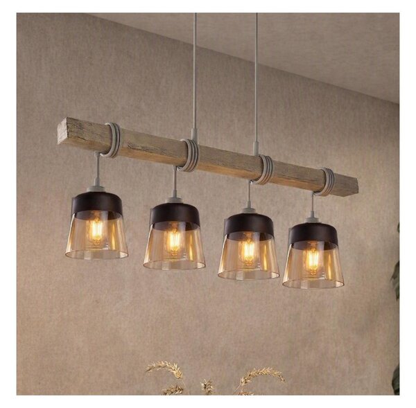 Brilagi - Lustr na lanku WOOD GLASS 4xE27/60W/230V borovice/šedá/kouř hnědá