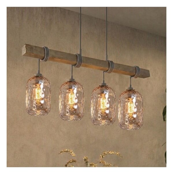 Brilagi - Lustr na lanku WOOD GLASS 4xE27/60W/230V borovice/šedá/kouř hnědá