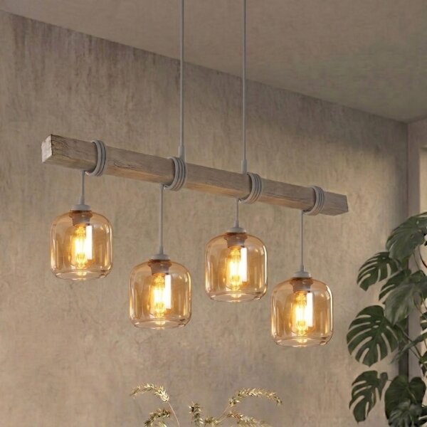 Brilagi - Lustr na lanku WOOD GLASS 4xE27/60W/230V borovice/šedá/kouř hnědá