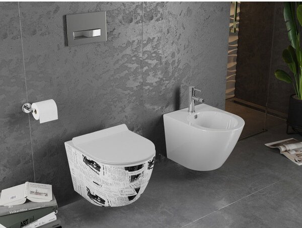 Mexen Lena WC mísa bez okrajů s pomalu padajícím tenkým sedátkem, duroplast, bílý vzor - 30224099