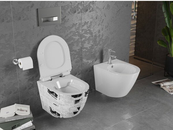 Mexen Lena WC mísa bez okrajů s pomalu padajícím tenkým sedátkem, duroplast, bílý vzor - 30224099