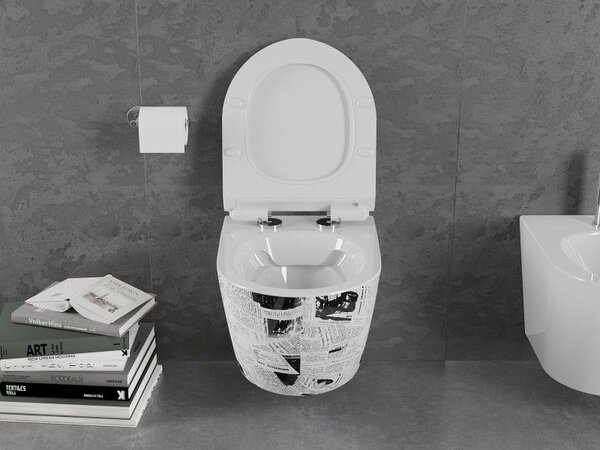 Mexen Lena WC mísa bez okrajů s pomalu padajícím tenkým sedátkem, duroplast, bílý vzor - 30224099