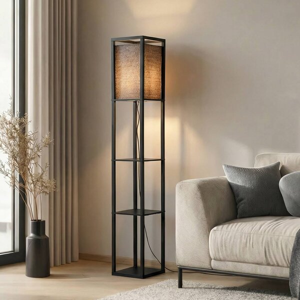 Lindby stojací lampa Birta, černá, police, dřevo, 159 cm, Černá, Obývací pokoj / jídelna, Dřevo, Moderní