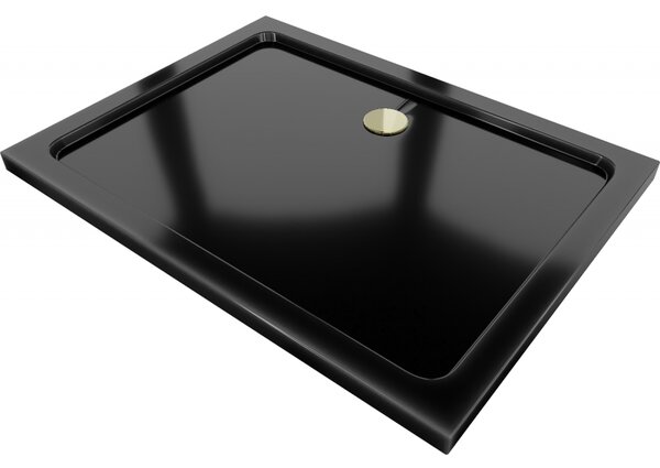 Mexen Flat, akrylátová sprchová vanička 90x70x5 cm SLIM, černá, zlatý sifon, 40707090G