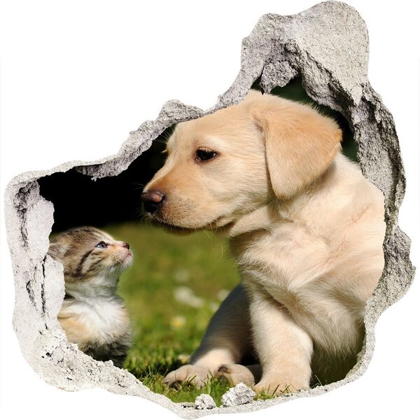 Díra 3D fototapeta nálepka Pes a kočka na louce nd-p-38411802