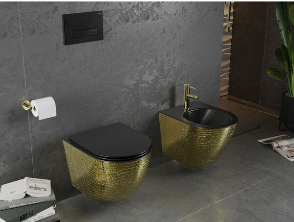 Mexen Lena WC mísa Rimless s pomalu klesající deskou slim, duroplast, černá matná/zlatý vzor šupiny - 30224078