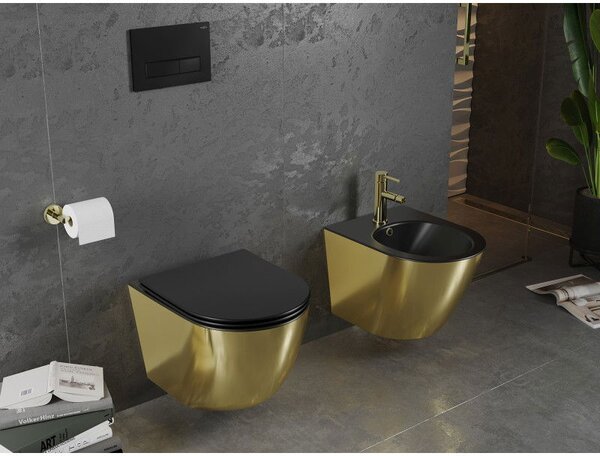 Mexen Lena WC mísa Rimless s pomalu padajícím sedátkem slim, duroplast, černá mat/zlatá - 30224076