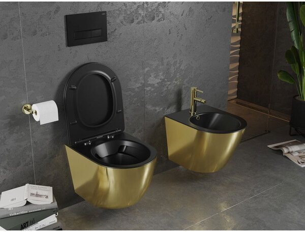 Mexen Lena WC mísa Rimless s pomalu padajícím sedátkem slim, duroplast, černá mat/zlatá - 30224076