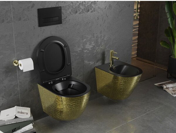 Mexen Lena WC mísa Rimless s pomalu klesající deskou slim, duroplast, černá matná/zlatý vzor šupiny - 30224078