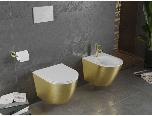 Mexen Lena WC mísa Rimless s pomalu klesající deskou slim, duroplast, bílá/zlatá vzor linie - 30224007