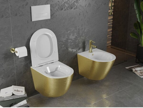 Mexen Lena WC mísa Rimless s pomalu klesající deskou slim, duroplast, bílá/zlatá vzor linie - 30224007