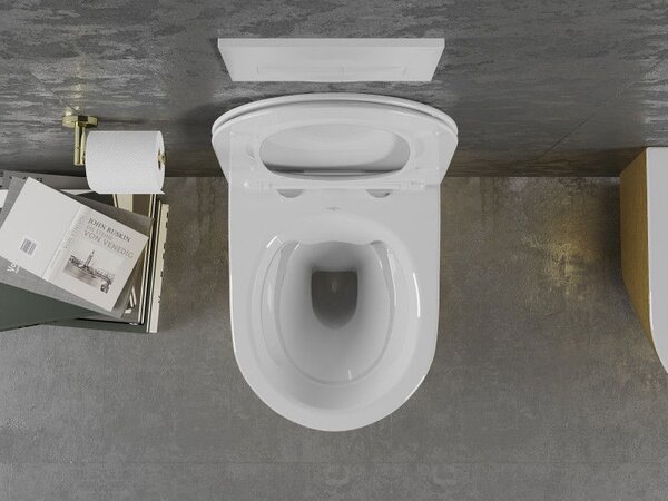 Mexen Lena WC mísa Rimless s pomalu klesající deskou slim, duroplast, bílá/zlatá vzor linie - 30224007