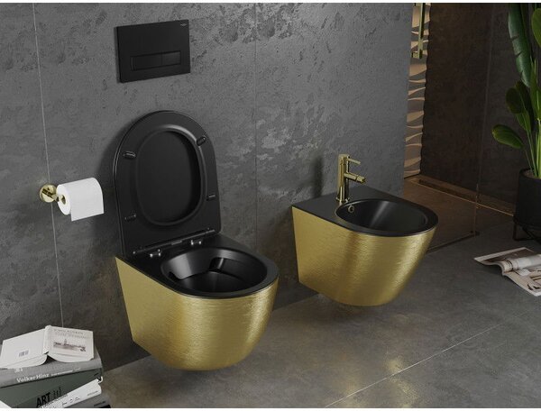 Mexen Lena WC mísa Rimless s prkénkem se zpomaleným sklápěním slim, duroplast, černá mat/zlatý vzor linie - 30224077