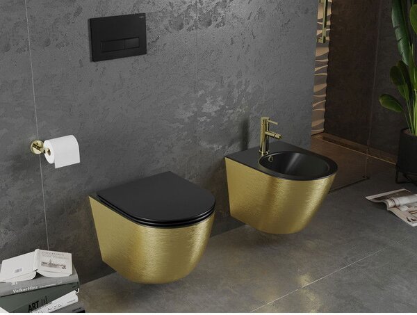 Mexen Lena WC mísa Rimless s prkénkem se zpomaleným sklápěním slim, duroplast, černá mat/zlatý vzor linie - 30224077