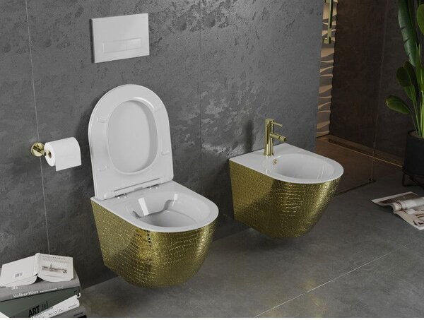 Mexen Lena WC mísa Rimless s pomalu padajícím slim sedátkem, duroplast, bílá/zlatá vzor šupiny - 30224008