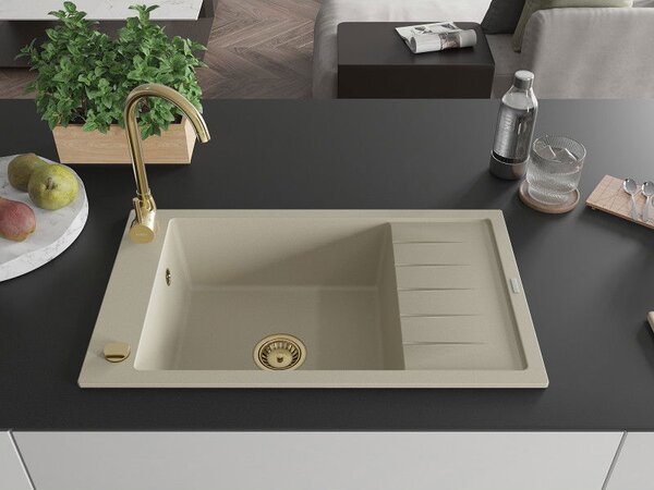 Mexen Elias žulový dřez s jednou komorou s odkapávačem 795 x 480 mm, béžový, zlatý sifon - 6511791005-69-G