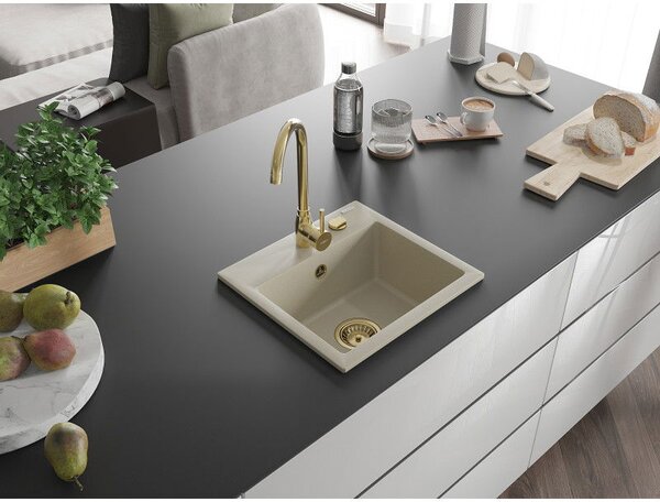 Mexen Milo jednokomorový granitový dřez 435 x 410 mm, béžový, zlatý sifon - 6505441000-69-G