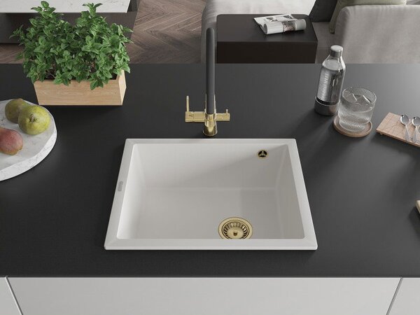 Mexen Pedro granitový dřez 1-komorový 560 x 460 mm, bílý, zlatý sifon - 6508561000-20-G