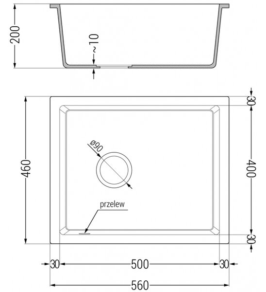 Mexen Pedro granitový dřez 1-komorový 560 x 460 mm, bílý, zlatý sifon - 6508561000-20-G