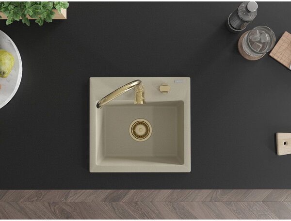 Mexen Milo jednokomorový granitový dřez 435 x 410 mm, béžový, zlatý sifon - 6505441000-69-G