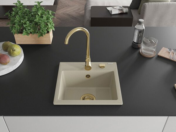 Mexen Milo jednokomorový granitový dřez 435 x 410 mm, béžový, zlatý sifon - 6505441000-69-G