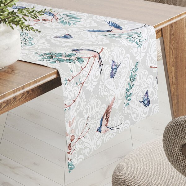 Biante Bavlněný běhoun na stůl Sandra SA-471 Vlaštovky s motýlky na světle šedém ornamentu 20x120 cm