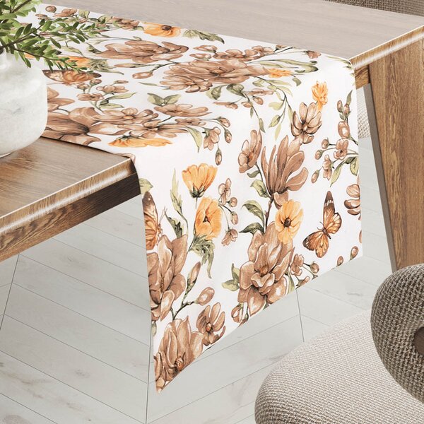 Biante Bavlněný běhoun na stůl Sandra SA-458 Hnědé květy magnolie s motýlky na bílém 20x120 cm