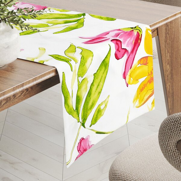 Biante Bavlněný běhoun na stůl Sandra SA-481 Žluto-růžové akvarelové květy na bílém 20x120 cm