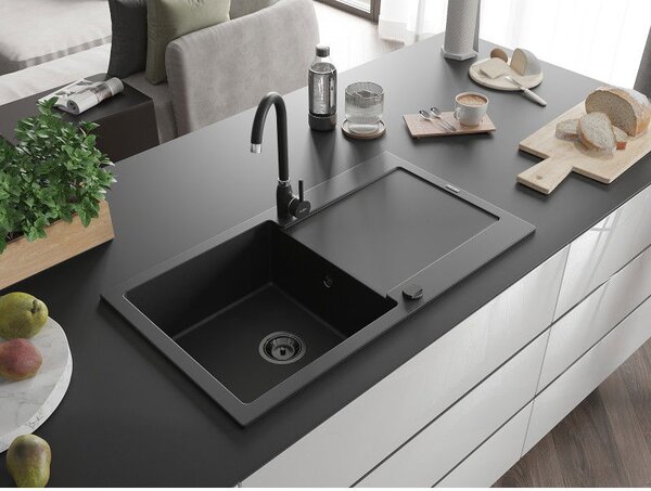 Mexen Leo granitový dřez 1-komorový s odkapávačem 900 x 500 mm, černý, černý sifon - 6501901010-77-B