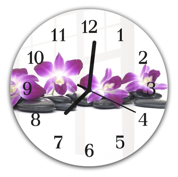 Nástěnné hodiny kulaté pr.30cm orchidej, zen kameny - plexi