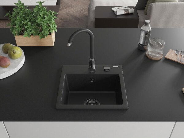 Mexen Milo granitový dřez 1-komorový 435 x 410 mm, černý, sifon černý - 6505441000-77-B