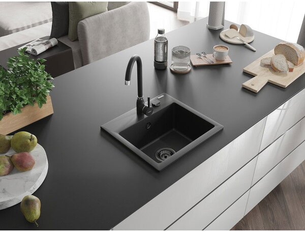 Mexen Milo granitový dřez 1-komorový 435 x 410 mm, černý, sifon černý - 6505441000-77-B
