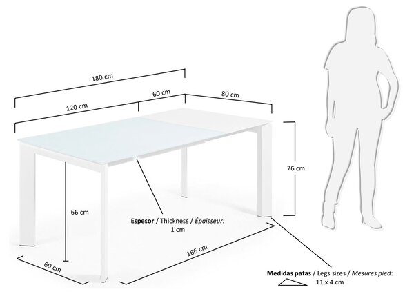 Bílý skleněný rozkládací jídelní stůl Kave Home Axis 120/180 x 80 cm