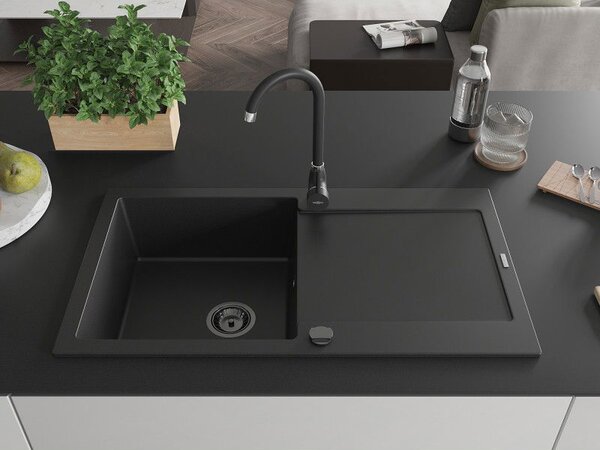 Mexen Leo granitový dřez 1-komorový s odkapávačem 900 x 500 mm, černý, černý sifon - 6501901010-77-B