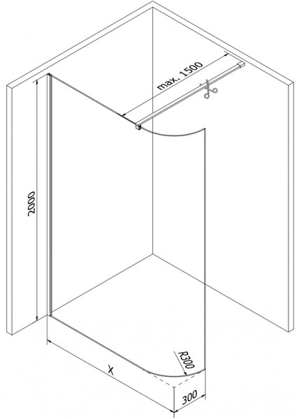 Mexen Kioto-R zaoblená sprchová stěna Walk-in 90 x 200 cm, průhledná 8 mm, černá - 800-090-101-70-06