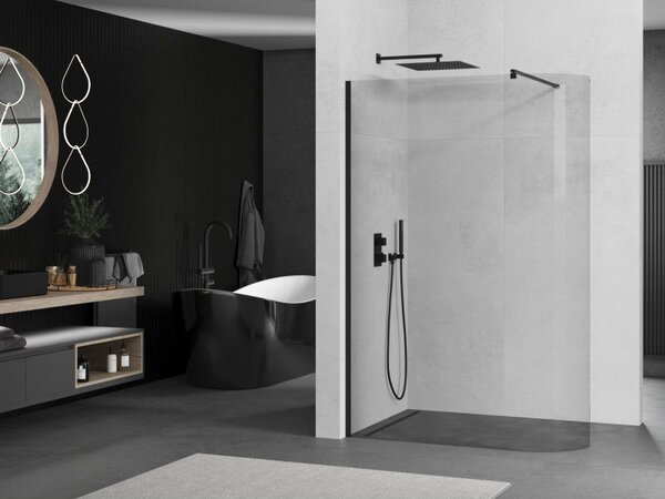 Mexen Kioto-R zaoblená sprchová stěna Walk-in 90 x 200 cm, průhledná 8 mm, černá - 800-090-101-70-06