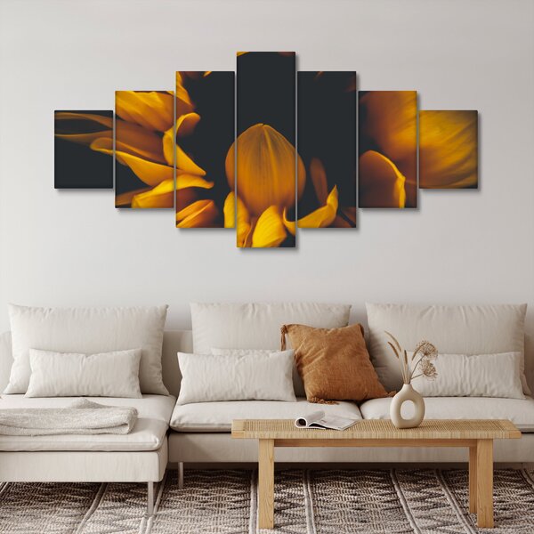 Obraz - Slunečnice v černém pozadí (210x100 cm)