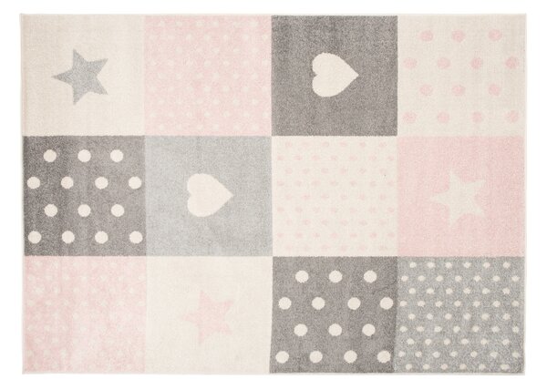 Kusový koberec AZUR srdíčka a hvězdičky - šedý/růžový/bílý