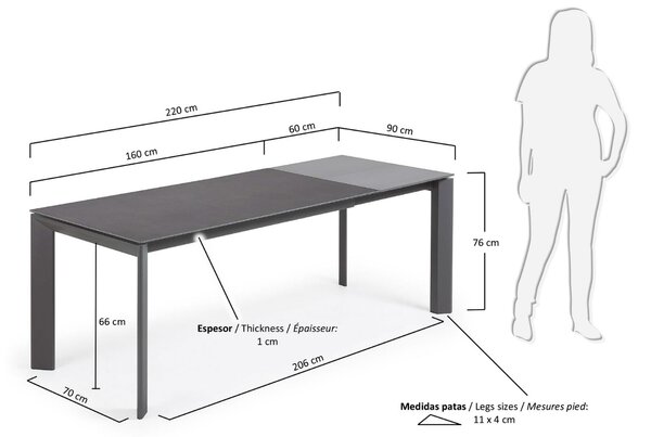 Antracitově černý keramický rozkládací jídelní stůl Kave Home Axis I. 160/220 x 90 cm