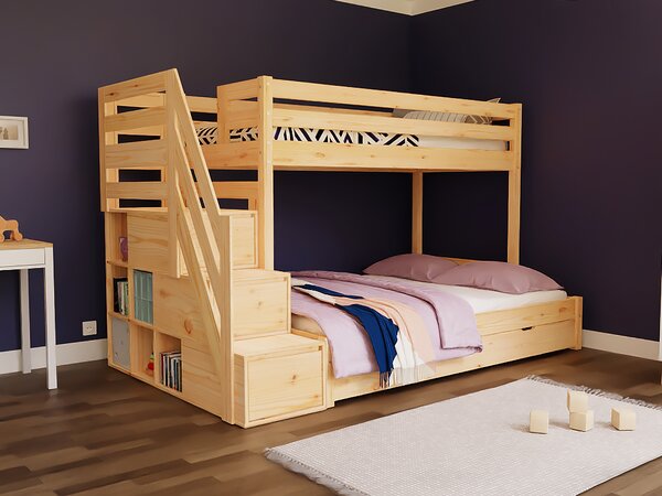 Patrová postel ARARAT pro 3 osoby s úložnými schody - Bílá, 90x200 a 140x200 cm, Zvolte šuplík: Bez šuplíku