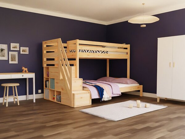 Patrová postel ARARAT pro 3 osoby s úložnými schody - Bílá, 90x200 a 140x200 cm, Zvolte šuplík: Bez šuplíku